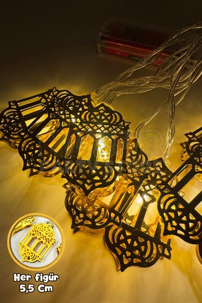 Ramazan Feneri Gold Metal Led Işık Süsü 2 Metre 10 Ledli Günışığı Sarı Pilli Dekoratif Fonksiyonlu