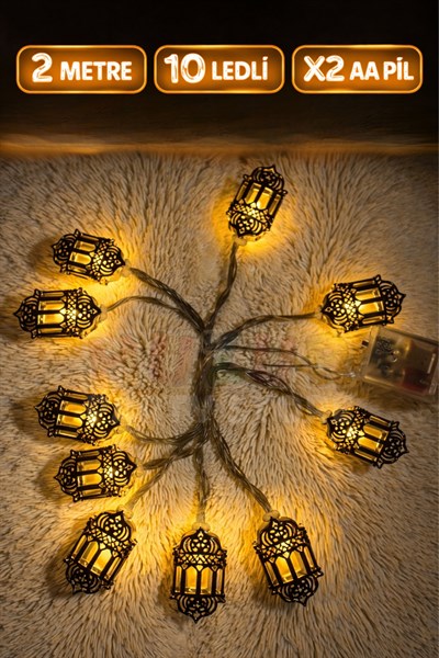 Ramazan Feneri Gold Metal Led Işık Süsü 2 Metre 10 Ledli Günışığı Sarı Pilli Dekoratif Fonksiyonlu