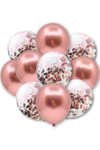 Rose Gold Konfetili Şeffaf Ve Rose Gold Krom Balon Seti 20 Adet 30 Cm Içi Gözüken Pullu Balon Pulu