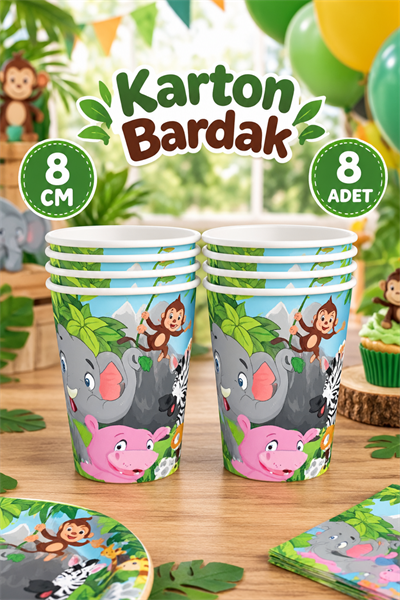 Safari Karakter Temalı Bardak 8 Adet Orman Hayvanları Doğum Günü Parti Konsepti Kaliteli Lisanslı