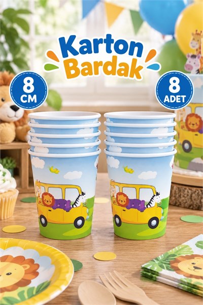 Safari Karakter Temalı Ekonomik Bardak 8 Adet Orman Hayvanları Doğum Günü Parti Konsepti Kaliteli