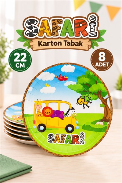 Safari Karakter Temalı Tabak 8 Adet Ekonomik Orman Hayvanları Doğum Günü Parti Konsepti 23 Cm