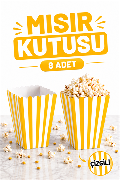 Sarı Çizgili Beyaz Mısır Kutusu 8li Karton Cips Kutusu 8 Adet Pop Corn Darı Kabı
