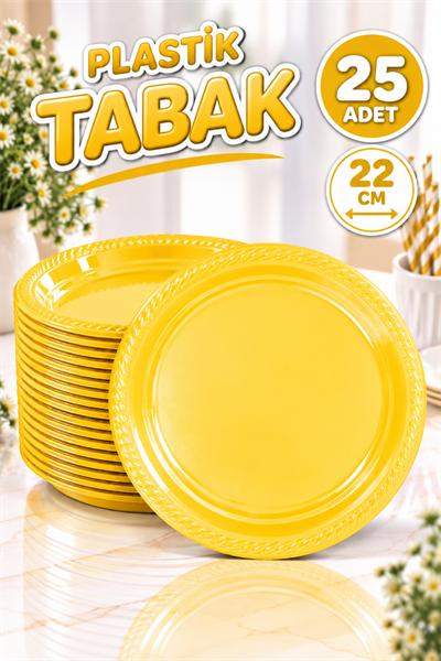 Sarı Renginde 22cm 25li Parlak Tabak Renkli Dayanıklı Plastik Doğum Günü Parti Tabağı