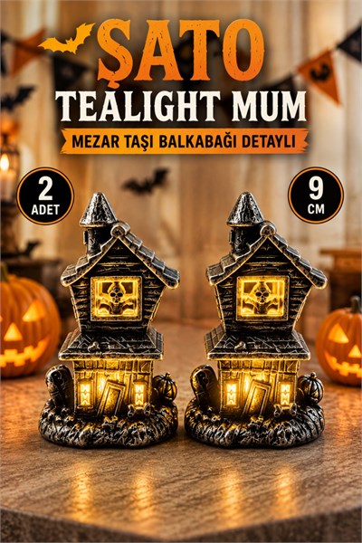 Şato Tealight Mezar Taşı Balkabağı Detaylı Sarı Işıklı Pilli Mum Halloween Cadılar Bayramı 2 Adet