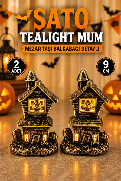 Şato Tealight Mezar Taşı Balkabağı Detaylı Sarı Işıklı Pilli Mum Halloween Cadılar Bayramı 2 Adet