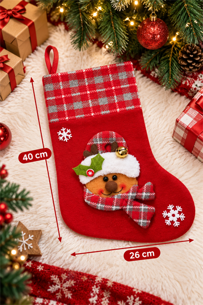 Sevimli Ayıcık Yılbaşı Peluş Çorap Kabartmalı 40x26 Cm Kırmızı Ekoseli Yeni Yıl Çam Ağacı Asılan Süs