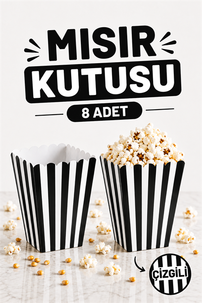 Siyah Çizgili Beyaz Mısır Kutusu 8li Karton Cips Kutusu 8 Adet Pop Corn Darı Kabı