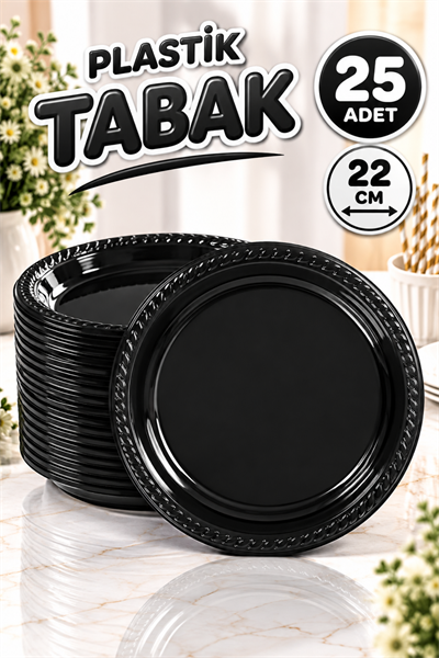 Siyah Renginde 22cm 25li Parlak Tabak Renkli Dayanıklı Plastik Doğum Günü Parti Tabağı