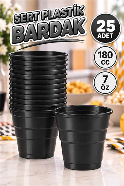 Siyah Renk 25 Li Plastik Bardak 180 Cc 7 Oz Sert Doğum Günü Partisi Meşrubat Bardağı