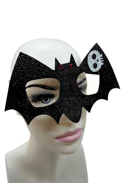 Siyah Yarasa Gözlük Keçe Simli Kırmızı Gözlü Beyaz Kafatası Detaylı Halloween Parti Cadıllar Bayramı