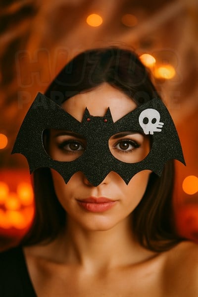 Siyah Yarasa Gözlük Keçe Simli Kırmızı Gözlü Beyaz Kafatası Detaylı Halloween Parti Cadıllar Bayramı