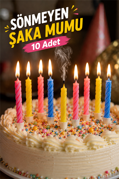 Sönmeyen Şaka Mumu 10 Adet Üfleyince Sönmeyen Doğum Günü Pasta Mumu