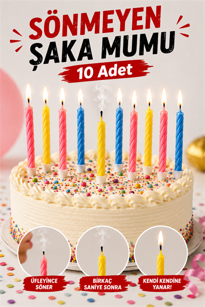 Sönmeyen Şaka Mumu 10 Adet Üfleyince Sönmeyen Doğum Günü Pasta Mumu