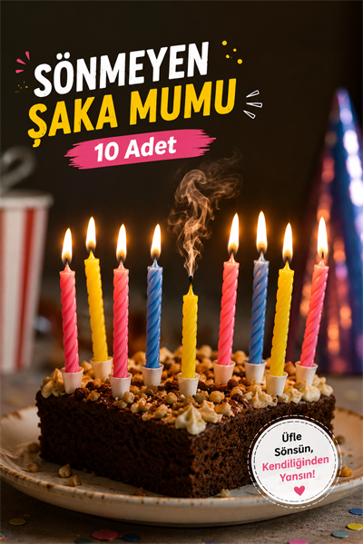 Sönmeyen Şaka Mumu 10 Adet Üfleyince Sönmeyen Doğum Günü Pasta Mumu