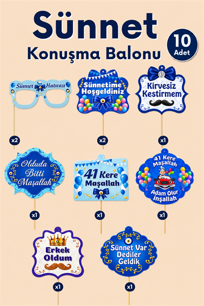 Sünnet Mevlüdü Konuşma Balonu 10lu 30 cm Fotoğraf Çekim Aksesuarı Mevlid Parti Süsü Poz Çubuğu Seti