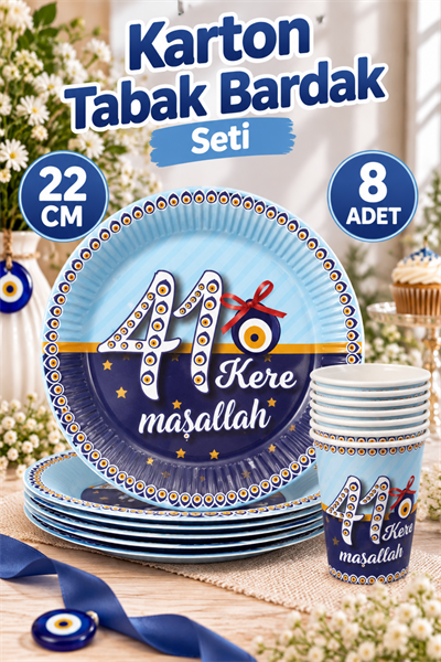 Sünnet Tabak Bardak 8 Adet 41 Kere Maşallah Sünnetime Hoşgeldiniz Temalı 22 Cm Karton Mevlüt Tabağı