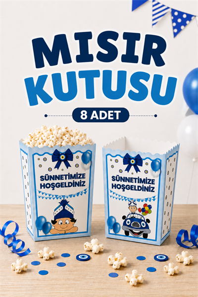 Sünnetime Hoşgeldiniz Yazılı Mısır Kutusu Sünnet Çocuğu Ve Nazar Boncuğu Detaylı Mevlüt Partisi