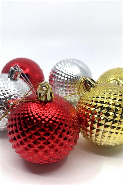 Tırtıklı Desenli Cici Top 6 Cm 6lı Yılbaşı Yeni Yıl Çam Ağacı Süsü Ipli Gold Gümüş Kırmızı Renkli
