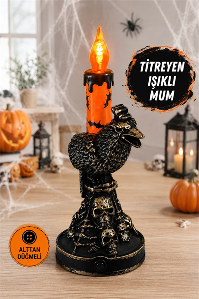 Titreyen Işıklı Mum Kuzgun Kuru Kafa Figürlü Halloween Cadılar Bayramı Masa Parti Dekorasyon Süsü