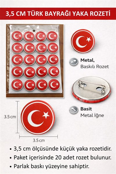 Türk Bayraklı 20li Metal Göğüs Yaka Rozeti 3.5x3.5 Cm Kancalı Iğneli 23 Nisan 29 Ekim Milli Bayram