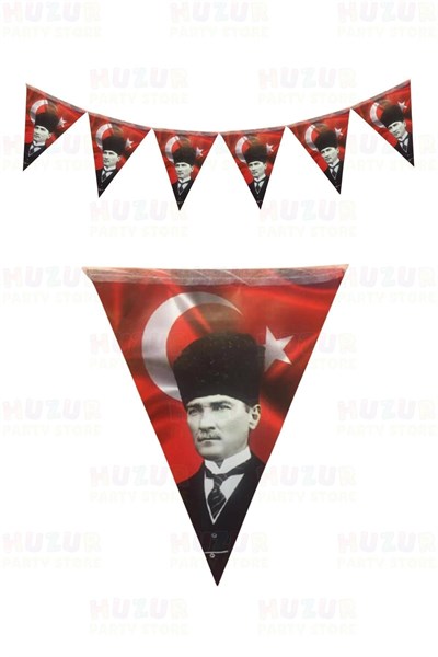 Türk Bayraklı Ve Atatürklü 2li Flama Seti Üçgen Bayrak 180 Cm Milli Bayram Süsü 23 Nisan 29 Ekim