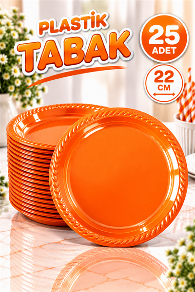 Turuncu Renkli 22 Cm 25li Parlak Tabak Renkli Dayanıklı Plastik Doğum Günü Parti Tabağı