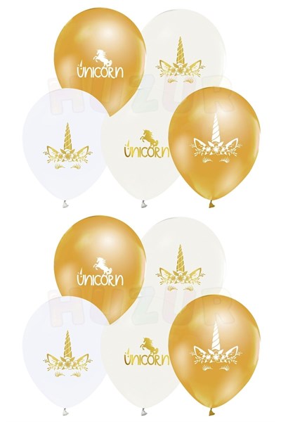 Unicorn Baskılı Balon 10 Adet Metalik Gold Pastel Beyaz Ve Şeffaf Balon 30 Cm Boynuzlu At Doğum Günü