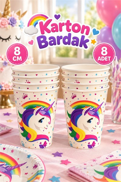Unicorn Karakterli Bardak 8 Adet Boynuzlu At Temalı Pony Parti Konsepti Kaliteli Lisanslı Ürün