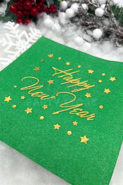 Yaldızlı Yılbaşı Peçete Happy New Year Parlak Baskılı Yıldız Detaylı Yeşil Renkli 16 Adet 16x16 Cm