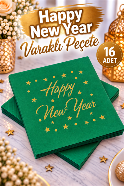 Yaldızlı Yılbaşı Peçete Happy New Year Parlak Baskılı Yıldız Detaylı Yeşil Renkli 16 Adet 16x16 Cm