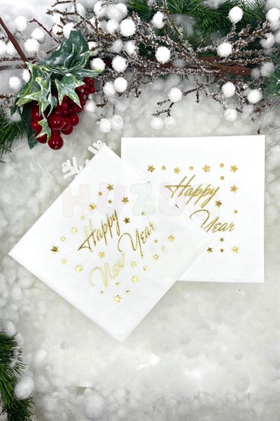 Yaldızlı Yılbaşı Peçete Happy New Year Parlak Baskılı Yıldız Detaylı Beyaz Renkli 16 Adet 16x16 Cm