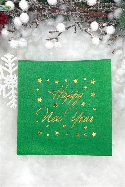 Yaldızlı Yılbaşı Peçete Happy New Year Parlak Baskılı Yıldız Detaylı Yeşil Renkli 16 Adet 16x16 Cm