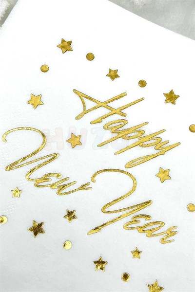 Yaldızlı Yılbaşı Peçete Happy New Year Parlak Baskılı Yıldız Detaylı Beyaz Renkli 16 Adet 16x16 Cm