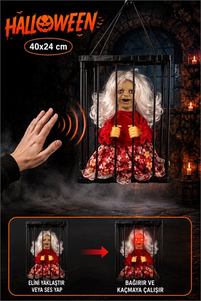 Yaşlı Kız Hareketli Sese Duyarlı Kafes İçinde Işıklı 40x24 Cm Pilli Cadılar Bayramı Halloween Dekor