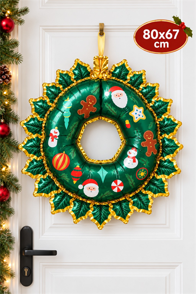 Yeşil Kapı Süsü Yılbaşı Folyo Balon 80x67 Cm Gold Çerçeveli Noel Yeni Yıl Figürleri Baskılı Süs