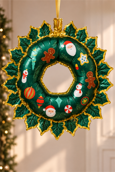 Yeşil Kapı Süsü Yılbaşı Folyo Balon 80x67 Cm Gold Çerçeveli Noel Yeni Yıl Figürleri Baskılı Süs