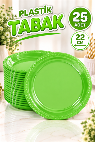 Yeşil Renginde 22cm 25li Parlak Tabak Renkli Dayanıklı Plastik Doğum Günü Parti Tabağı