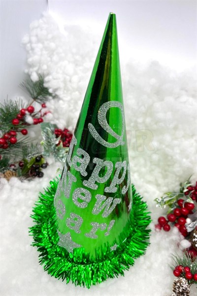 Yeşil Renk Yılbaşı Şapkası Karton Happy New Year Baskılı Simli Parlak Püsküllü Büyük Boy Yıldızlı