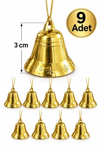 Yılbaşı Çam Ağacı Çan Süs Gold İpli 9lu 3 Cm Yeni Yıl Ağaç Süsü Gold Altın Sarısı Renk Zil Parlak