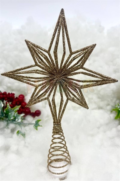 Yılbaşı Çam Ağacı Kuzey Yıldızı Tepeliği Gold Renk Simli 23x16 Cm Yeni Yıl Lüks Kaliteli Tepelik