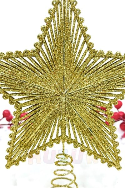 Yılbaşı Çam Ağacı Tepeliği Gold Renk Yıldız 24x20 Cm Altın Sarısı Parlak Yeni Yıl Simli Tepelik