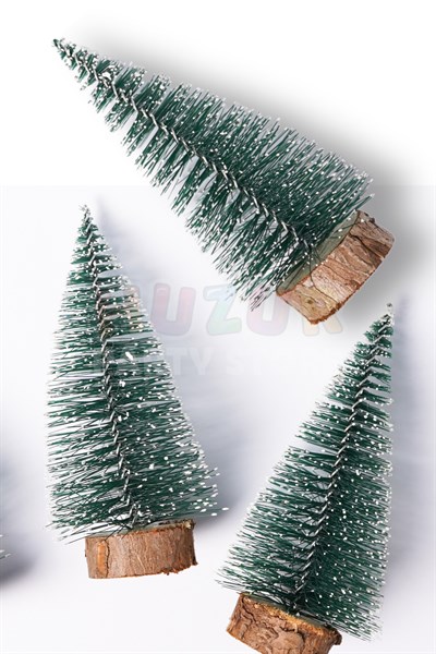 Yılbaşı Masa Üzeri Nevada Ağaç Mini Masa Çam Ağacı 15 Cm Uçlarına Kar Yağmış Kütük Tabanlı Karlı