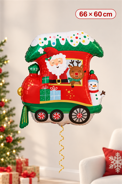 Yılbaşı Treni Folyo Balon 66x60 Cm Noel Baba Geyik Kardan Adam Helyuma Uyumlu Yeni Yıl Dekoru Süsü
