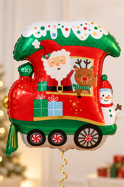 Yılbaşı Treni Folyo Balon 66x60 Cm Noel Baba Geyik Kardan Adam Helyuma Uyumlu Yeni Yıl Dekoru Süsü