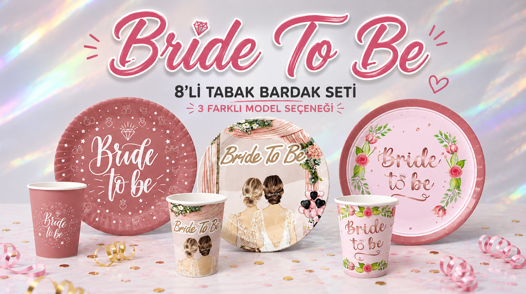 bride to be tabak bardak seti,bekarlığa veda parti süsleri 8li set,rose pembesi pudra pembe bride to be tabak