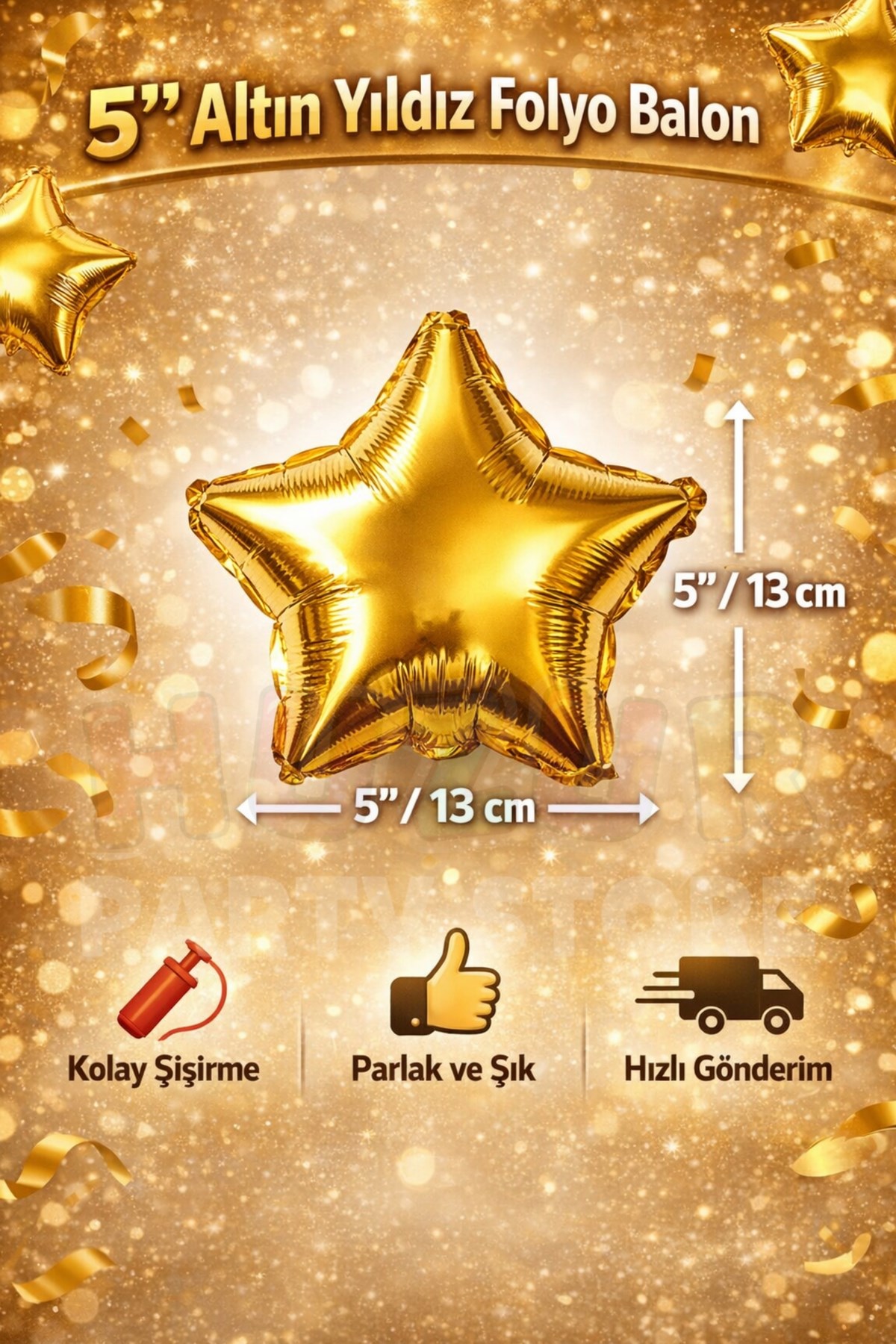 13 Cm Gold Yıldız Folyo Balon Seti 6 Adet 5″ Küçük Yıldız Doğum Günü Parti Ramazan Özel Gün Süsleri