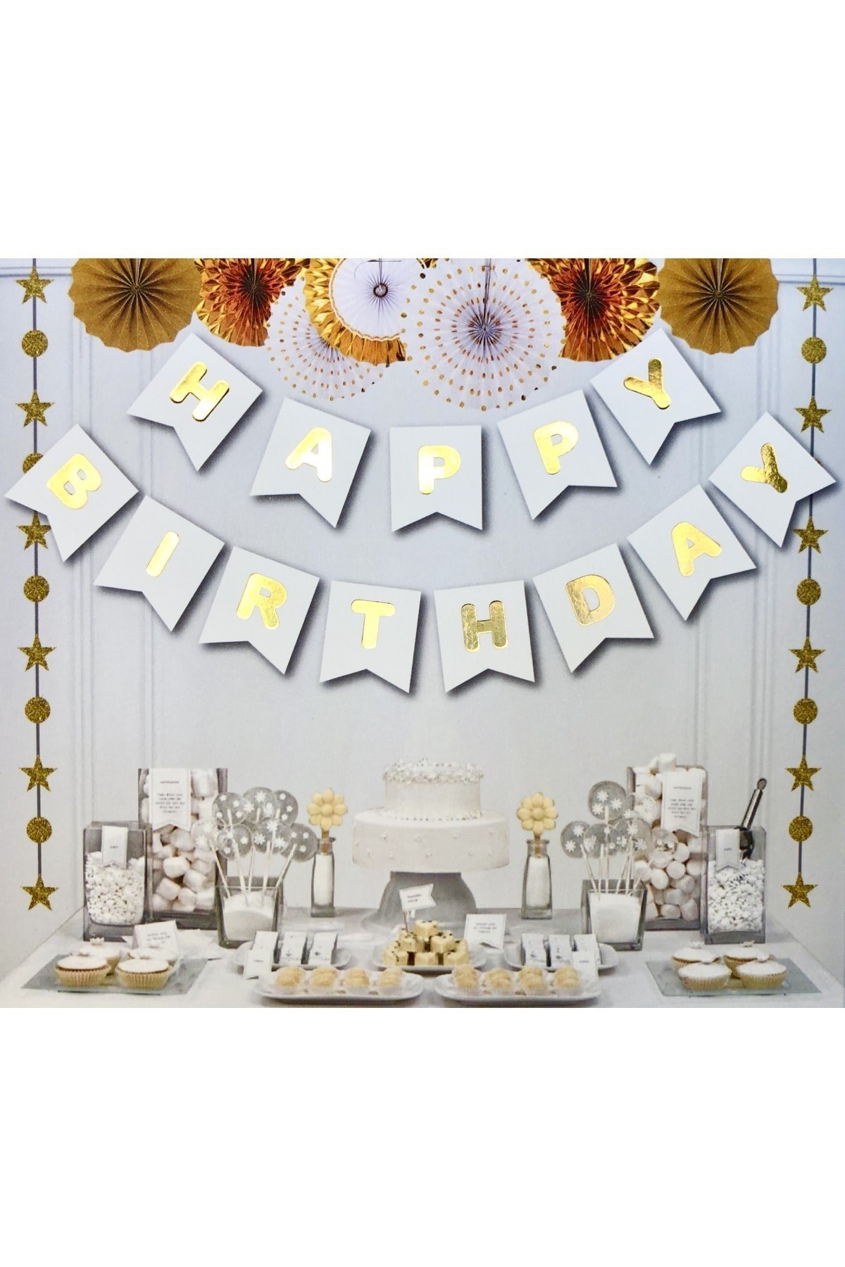 Beyaz Üstüne Gold Altın Sarısı Yaldızlı Happy Birthday Yazılı Doğum Günü Partisi Karton Yazı Banner