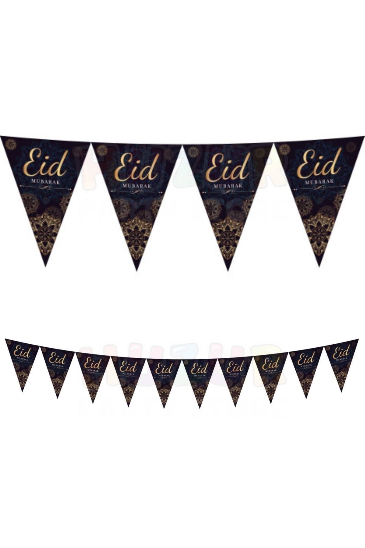 Eid Mubarak Yazılı Üçgen Flama 180 Cm 10 Bayrak Ramazan Bayramı Gold Altın Dini Islami Süsü