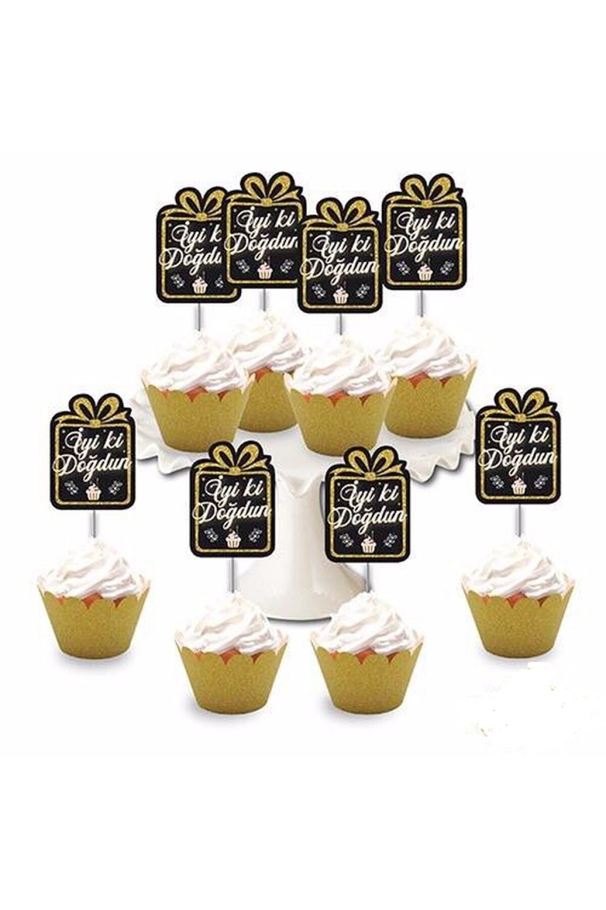 Iyi Ki Doğdun Temalı 8li Simli Deluxe Muffin Kalıbı Kürdanı Ikramlık Dekoratif Konsept
